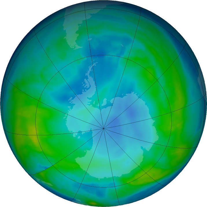 Antarctic ozone map for 09 May 2016